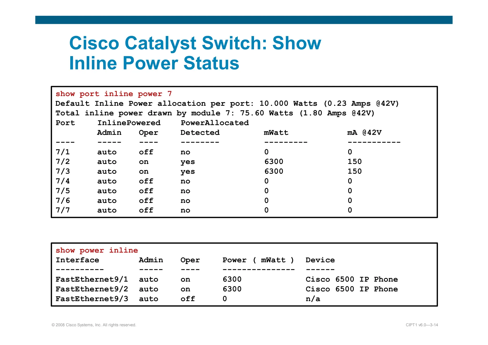 © 2008 Cisco Systems, Inc. All rights reserved. CIPT1 v6.0—3-14
Cisco Catalyst Switch: Show
Inline Power Status
show port inline power 7
Default Inline Power allocation per port: 10.000 Watts (0.23 Amps @42V)
Total inline power drawn by module 7: 75.60 Watts (1.80 Amps @42V)
Port InlinePowered PowerAllocated
Admin Oper Detected mWatt mA @42V
---- ----- ---- -------- --------- -----------
7/1 auto off no 0 0
7/2 auto on yes 6300 150
7/3 auto on yes 6300 150
7/4 auto off no 0 0
7/5 auto off no 0 0
7/6 auto off no 0 0
7/7 auto off no 0 0
show power inline
Interface Admin Oper Power ( mWatt ) Device
---------- ----- ---- --------------- ------
FastEthernet9/1 auto on 6300 Cisco 6500 IP Phone
FastEthernet9/2 auto on 6300 Cisco 6500 IP Phone
FastEthernet9/3 auto off 0 n/a
 