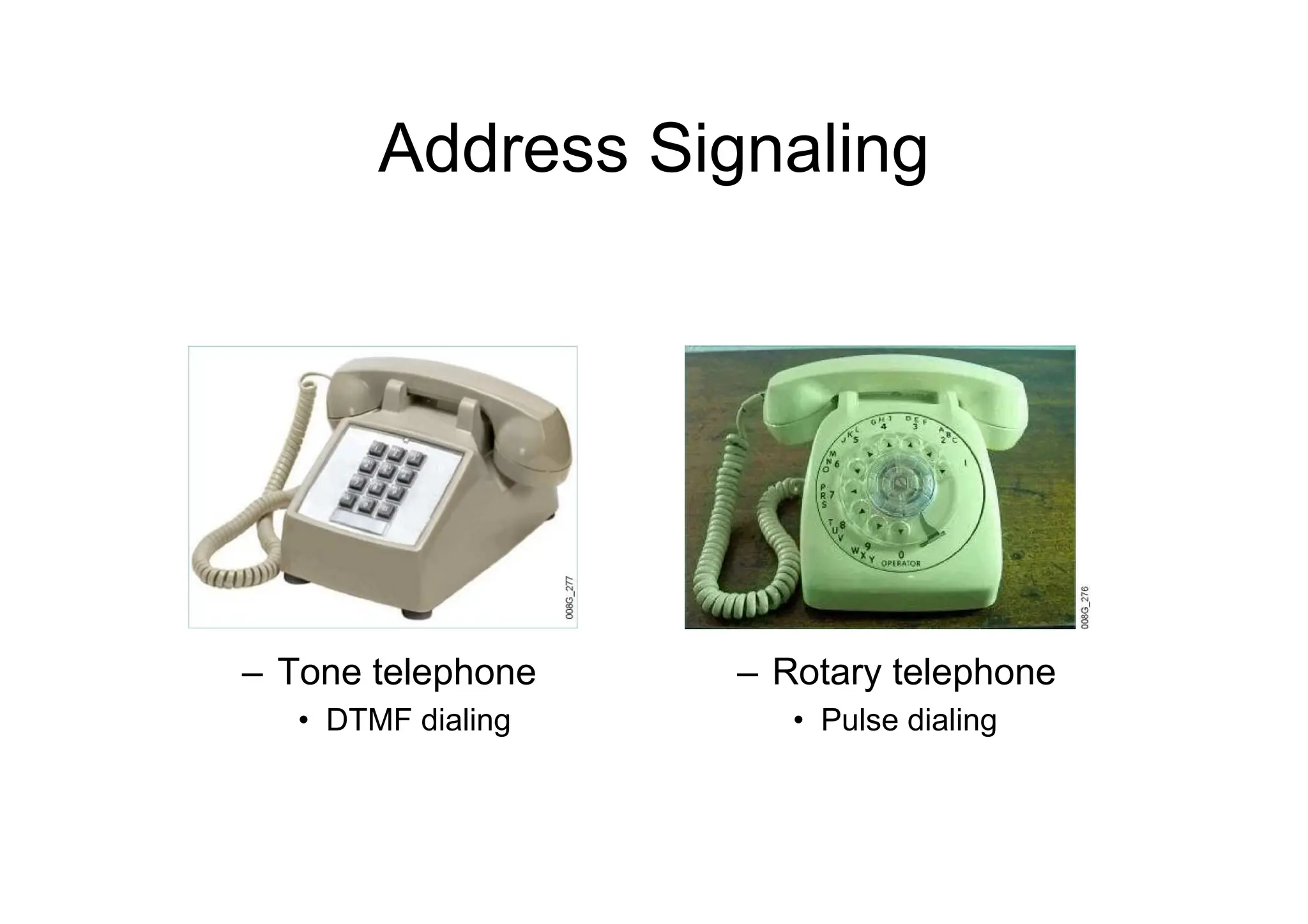 Address Signaling
– Tone telephone
• DTMF dialing
– Rotary telephone
• Pulse dialing
 
