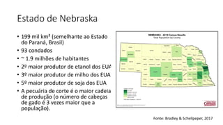 Estado de Nebraska
• 199 mil km² (semelhante ao Estado
do Paraná, Brasil)
• 93 condados
• ~ 1.9 milhões de habitantes
• 2º maior produtor de etanol dos EUA
• 3º maior produtor de milho dos EUA
• 5º maior produtor de soja dos EUA
• A pecuária de corte é o maior cadeia
de produção (o número de cabeças
de gado é 3 vezes maior que a
população).
Fonte: Bradley & Schellpeper, 2017
 