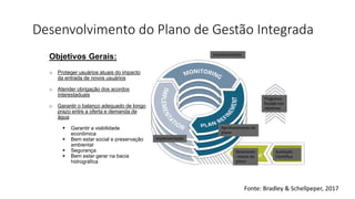Desenvolvimento do Plano de Gestão Integrada
Objetivos Gerais:
o Proteger usuários atuais do impacto
da entrada de novos usuários
o Atender obrigação dos acordos
interestaduais
o Garantir o balanço adequado de longo
prazo entre a oferta e demanda de
água
▪ Garantir a viabilidade
econômica
▪ Bem estar social e preservação
ambiental
▪ Segurança
▪ Bem estar gerar na bacia
hidrográfica
Desenvolvi
-mento do
plano
Avaliação
Científica
Progresso
focado nos
objetivos
monitoramento
implementação
Aprimoramento do
plano
Fonte: Bradley & Schellpeper, 2017
 