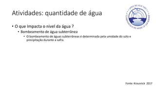 Atividades: quantidade de água
• O que Impacta o nivel da água ?
• Bombeamento de água subterrânea
• O bombeamento de águas subterrâneas é determinada pela umidade do solo e
precipitação durante a safra.
Fonte: Krausnick 2017
 
