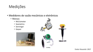 Medições
• Medidores de vazão mecânicos e eletrônicos
• Marcas:
• McCrometer
• Seametrics
• Senninger
• Geyser
Fonte: Krausnick 2017
 