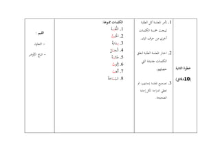 ‫الثانية‬ ‫خطوة‬
(01)‫دقائق‬
1.‫أتمر‬‫املعلمة‬‫كل‬‫الطلبة‬
‫الكلمات‬ ‫مخسة‬ ‫ليبحث‬
.‫الباء‬ ‫حرف‬ ‫من‬ ‫أخرى‬
4.‫لنطق‬ ‫الطلبة‬ ‫املعلمة‬ ‫اختار‬
‫اليت‬ ‫جديدة‬ ‫الكلمات‬
.‫حصلهم‬
1.‫مث‬ ،‫إجابتهم‬ ‫املعلمة‬ ‫تصحيح‬
‫إجابة‬ ‫لكل‬ ‫اجة‬‫ر‬‫الد‬ ‫تعطي‬
.‫الصحيحة‬
:‫ممنوعة‬ ‫الكلمات‬
1.َ‫ا‬‫ع‬ُّ‫ل‬‫ل‬‫ـ‬‫ـ‬‫ـ‬‫ـ‬‫ـ‬‫ـ‬َ‫ب‬‫ـة‬‫ـ‬
4.‫ـ‬‫ـ‬‫ـ‬‫ـ‬‫ـ‬‫حل‬َ‫ا‬ُّ‫ب‬
1.‫ـ‬‫ـ‬‫ـ‬ِ‫ب‬‫ـ‬‫ـ‬‫ـ‬َ‫د‬‫ة‬َ‫اي‬
1.َ‫ـ‬‫ح‬‫ـ‬‫ل‬َ‫ا‬‫ـ‬‫ـ‬‫ـ‬‫ـ‬‫ـ‬‫ب‬‫ل‬
5.‫ـ‬‫ـ‬ِ‫ال‬َ‫ط‬‫ـ‬‫ـ‬‫ـ‬َ‫ـب‬‫ة‬
6.‫و‬‫ك‬‫ر‬‫ب‬
7.َ‫ع‬‫َل‬‫أ‬‫ب‬
8.ِ
ّ‫الس‬‫ـ‬‫ـ‬‫ـ‬‫ـ‬‫ـ‬‫ـ‬َ‫ـب‬‫ة‬َ‫اح‬
: ‫القيم‬
-‫التعاون‬
-‫امر‬‫و‬‫األ‬ ‫اتباع‬
 