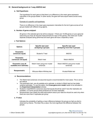  Silicon Genetics 2003 support@silicongenetics.com | Main 650.367.9600 | Fax 650.365.1735
4
IV. General background on 1-way ANOVA test
a. Null Hypothesis:
The hypothesis for each gene is that there is no difference in the mean gene expression
intensities in the groups tested. In other words, the gene will have equal means across every
group.
Example of a specific null hypothesis:
There is no difference in the mean gene expression intensities for the bcl-2 gene across all rat
groups treated with different drug agents.
b. Number of genes analyzed:
All genes in the selected gene list will be analyzed. If there are 10,000 genes on your gene list
(assuming you have all required measurements for each of the genes), then there are 10,000
separate analyses being performed and each gene will have a separate p-value.
c. Test Options:
Options
Specific test used
(analyzing 2 groups)
Specific test used
(analyzing more than 2 groups)
Parametric
(variances equal) Student’s T-test ANOVA
Parametric
(variances not equal) Welch t-test Welch ANOVA
Parametric (use all
available error estimate)
Welch t-test using error model
variances
Welch ANOVA using error model
variances
Nonparametric
Wilcoxon-Mann-Whitney test Kruskal-Wallis test
d. Recommendations:
• The Welch test (variances not assumed equal) is recommended for most cases. This is set as
the default.
• The parametric test, use all available error estimate, is similar to Welch test but has better
variance estimates. To use this option, the Cross-gene error model needs to be activated in
the Experiment Interpretation window.
• Student’s t-test/ANOVA (variances assumed equal) should be used if very few replicates are
available, or if some groups being analyzed do not have replicates.
• Nonparametric test makes the least assumptions about your data but should be used only when
there are more than 5 replicates per group.
e. P-value
Indicates the probability of getting a mean difference between the groups as high as what is
observed by chance. The lower the p-value, the more significant the difference between the
groups.
 