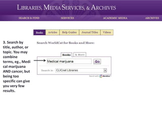 3. Search by
title, author, or
topic. You may
combine terms,
eg., Medical
marijuana AND
cancer, but
being too
specific can give
you very few
results.
 