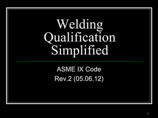 Welding
Qualification
Simplified
ASME IX Code
Rev.2 (05.06.12)
1
 