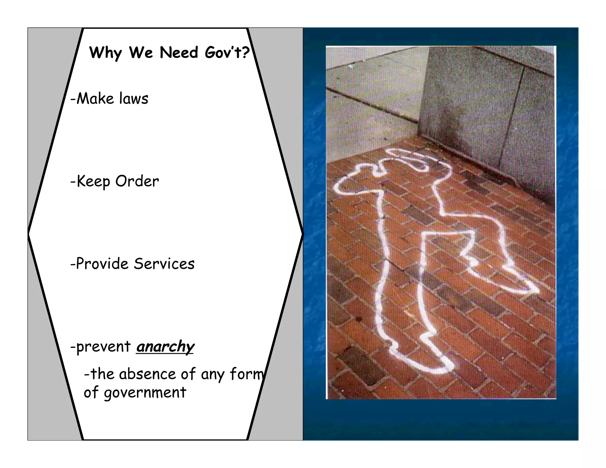 Why We Need Gov’t?


-Make laws




-Keep Order




-Provide Services




-prevent anarchy
 -the absence of any form
 of government
 