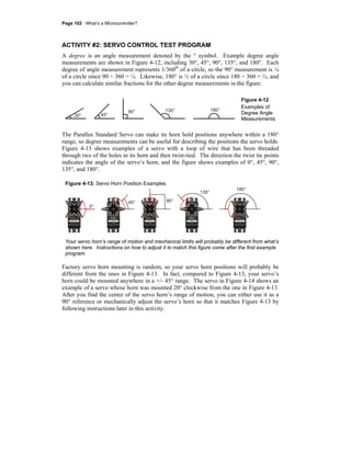 Page 102 · What’s a Microcontroller?
ACTIVITY #2: SERVO CONTROL TEST PROGRAM
A degree is an angle measurement denoted by the ° symbol. Example degree angle
measurements are shown in Figure 4-12, including 30°, 45°, 90°, 135°, and 180°. Each
degree of angle measurement represents 1/360th
of a circle, so the 90° measurement is ¼
of a circle since 90 ÷ 360 = ¼. Likewise, 180° is ½ of a circle since 180 ÷ 360 = ½, and
you can calculate similar fractions for the other degree measurements in the figure.
Figure 4-12
Examples of
Degree Angle
Measurements
The Parallax Standard Servo can make its horn hold positions anywhere within a 180°
range, so degree measurements can be useful for describing the positions the servo holds.
Figure 4-13 shows examples of a servo with a loop of wire that has been threaded
through two of the holes in its horn and then twist-tied. The direction the twist tie points
indicates the angle of the servo’s horn, and the figure shows examples of 0°, 45°, 90°,
135°, and 180°.
Figure 4-13: Servo Horn Position Examples
Your servo horn’s range of motion and mechanical limits will probably be different from what’s
shown here. Instructions on how to adjust it to match this figure come after the first example
program.
Factory servo horn mounting is random, so your servo horn positions will probably be
different from the ones in Figure 4-13. In fact, compared to Figure 4-13, your servo’s
horn could be mounted anywhere in a +/- 45° range. The servo in Figure 4-14 shows an
example of a servo whose horn was mounted 20° clockwise from the one in Figure 4-13.
After you find the center of the servo horn’s range of motion, you can either use it as a
90° reference or mechanically adjust the servo’s horn so that it matches Figure 4-13 by
following instructions later in this activity.
 