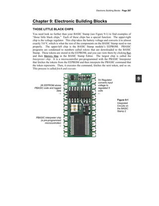 Electronic Building Blocks · Page 287
Chapter 9: Electronic Building Blocks
THOSE LITTLE BLACK CHIPS
You need look no further than your BASIC Stamp (see Figure 9-1) to find examples of
“those little black chips.” Each of these chips has a special function. The upper-right
chip is the voltage regulator. This chip takes the battery voltage and converts it to almost
exactly 5.0 V, which is what the rest of the components on the BASIC Stamp need to run
properly. The upper-left chip is the BASIC Stamp module’s EEPROM. PBASIC
programs are condensed to numbers called tokens that are downloaded to the BASIC
Stamp. These tokens are stored in the EEPROM, and you can view them by clicking Run
and then Memory Map in the BASIC Stamp Editor. The largest chip is called the
Interpreter chip. It is a microcontroller pre-programmed with the PBASIC Interpreter
that fetches the tokens from the EEPROM and then interprets the PBASIC command that
the token represents. Then, it executes the command, fetches the next token, and so on.
This process is called fetch and execute.
2K EEPROM stores
PBASIC code and logged
data
→
PBASIC Interpreter chip
(a pre-programmed
microcontroller)
→
5V Regulator
converts input
voltage to
regulated 5
volts
←
Figure 9-1
Integrated
Circuits on
the BASIC
Stamp 2
 