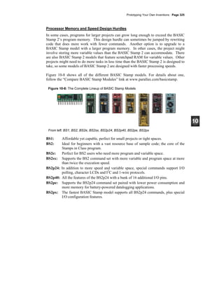 Prototyping Your Own Inventions · Page 325
Processor Memory and Speed Design Hurdles
In some cases, programs for larger projects can grow long enough to exceed the BASIC
Stamp 2’s program memory. This design hurdle can sometimes be jumped by rewriting
code that does more work with fewer commands. Another option is to upgrade to a
BASIC Stamp model with a larger program memory. In other cases, the project might
involve storing more variable values than the BASIC Stamp 2 can accommodate. There
are also BASIC Stamp 2 models that feature scratchpad RAM for variable values. Other
projects might need to do more tasks in less time than the BASIC Stamp 2 is designed to
take, so some models of BASIC Stamp 2 are designed with faster processing speeds.
Figure 10-8 shows all of the different BASIC Stamp models. For details about one,
follow the “Compare BASIC Stamp Modules” link at www.parallax.com/basicstamp.
Figure 10-8: The Complete Lineup of BASIC Stamp Models
From left: BS1, BS2, BS2e, BS2sx, BS2p24, BS2p40, BS2pe, BS2px
BS1: Affordable yet capable, perfect for small projects or tight spaces.
BS2: Ideal for beginners with a vast resource base of sample code; the core of the
Stamps in Class program.
BS2e: Perfect for BS2 users who need more program and variable space.
BS2sx: Supports the BS2 command set with more variable and program space at more
than twice the execution speed.
BS2p24: In addition to more speed and variable space, special commands support I/O
polling, character LCDs and I2
C and 1-wire protocols.
BS2p40: All the features of the BS2p24 with a bank of 16 additional I/O pins.
BS2pe: Supports the BS2p24 command set paired with lower power consumption and
more memory for battery-powered datalogging applications.
BS2px: The fastest BASIC Stamp model supports all BS2p24 commands, plus special
I/O configuration features.
 