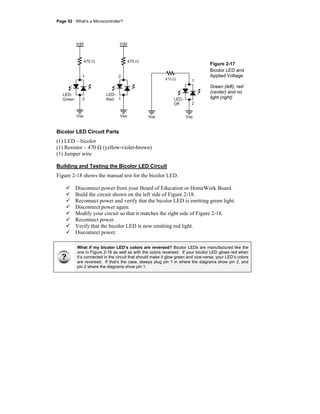 Page 52 · What’s a Microcontroller?
Figure 2-17
Bicolor LED and
Applied Voltage
Green (left), red
(center) and no
light (right)
Bicolor LED Circuit Parts
(1) LED – bicolor
(1) Resistor – 470 Ω (yellow-violet-brown)
(1) Jumper wire
Building and Testing the Bicolor LED Circuit
Figure 2-18 shows the manual test for the bicolor LED.
Disconnect power from your Board of Education or HomeWork Board.
Build the circuit shown on the left side of Figure 2-18.
Reconnect power and verify that the bicolor LED is emitting green light.
Disconnect power again.
Modify your circuit so that it matches the right side of Figure 2-18.
Reconnect power.
Verify that the bicolor LED is now emitting red light.
Disconnect power.
What if my bicolor LED’s colors are reversed? Bicolor LEDs are manufactured like the
one in Figure 2-16 as well as with the colors reversed. If your bicolor LED glows red when
it’s connected in the circuit that should make it glow green and vice-versa, your LED’s colors
are reversed. If that’s the case, always plug pin 1 in where the diagrams show pin 2, and
pin 2 where the diagrams show pin 1.
 