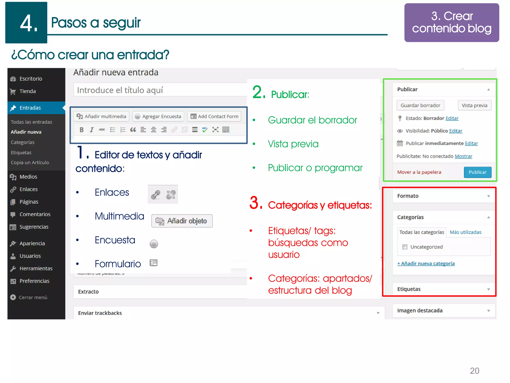 Pasos a seguir
20
¿Cómo crear una entrada?
1. Editor de textos y añadir
contenido:
• Enlaces
• Multimedia
• Encuesta
• Formulario
2. Publicar:
• Guardar el borrador
• Vista previa
• Publicar o programar
3. Categorías y etiquetas:
• Etiquetas/ tags:
búsquedas como
usuario
• Categorías: apartados/
estructura del blog
3. Crear
contenido blog4.
 