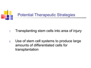 Potential Therapeutic Strategies
1. Transplanting stem cells into area of injury
2. Use of stem cell systems to produce large
amounts of differentiated cells for
transplantation
 