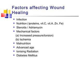 Factors affecting Wound
Healing
 Infection
 Nutrition ( proteins, vit.C, vit.A, Zn, Fe)
 Steroids / Adriamycin
 Mechanical factors
(a) Increased pressure/torsion)
(b) Ischemia
 Malnutrition
 Advanced age
 Ionising Radiation
 Diabetes Mellitus
 