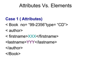 Attributes Vs. Elements
Case 1 ( Attributes)
< Book no= “99-2356”type= “CD”>
< author>
< firstname>XXX</firstname>
<lastname>YYY</lastname>
</author>
</Book>
 