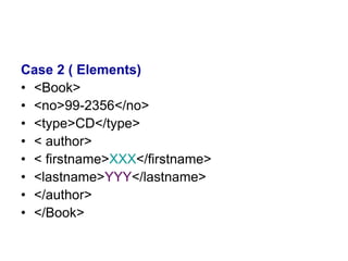 Case 2 ( Elements)
• <Book>
• <no>99-2356</no>
• <type>CD</type>
• < author>
• < firstname>XXX</firstname>
• <lastname>YYY</lastname>
• </author>
• </Book>
 