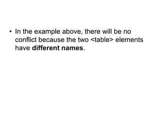 • In the example above, there will be no
conflict because the two <table> elements
have different names.
 