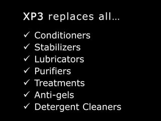 XP3 replaces all…
 Conditioners
 Stabilizers
 Lubricators
 Purifiers
 Treatments
 Anti-gels
 Detergent Cleaners
 