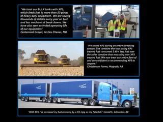 “We treat our BULK tanks with XP3,
which feeds fuel to more than 50 pieces
of heavy duty equipment . We are saving
thousands of dollars every year on fuel
and less mechanical break downs. We
have also seen extended operating life
of our equipment.”
Centennial Gravel, Ile Des Chenes, MB.
“We tested XP3 during an entire threshing
season. The combine that was using XP3
treated fuel consumed 5.49% less fuel over
the other combine that was using non-XP3
treated fuel. We now treat our entire fleet of
and are confident in recommending XP3 to
anyone.”
Christensen Farms, Magrath, AB
“With XP3, I’ve increased my fuel economy by a 1/2 mpg on my Peterbilt.” Harold S., Edmonton, AB
 