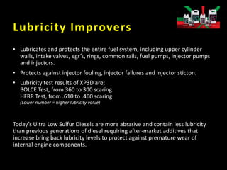 Lubricity Improvers
• Lubricates and protects the entire fuel system, including upper cylinder
walls, intake valves, egr’s, rings, common rails, fuel pumps, injector pumps
and injectors.
• Protects against injector fouling, injector failures and injector sticton.
• Lubricity test results of XP3D are;
BOLCE Test, from 360 to 300 scaring
HFRR Test, from .610 to .460 scaring
(Lower number = higher lubricity value)
Today’s Ultra Low Sulfur Diesels are more abrasive and contain less lubricity
than previous generations of diesel requiring after-market additives that
increase bring back lubricity levels to protect against premature wear of
internal engine components.
 