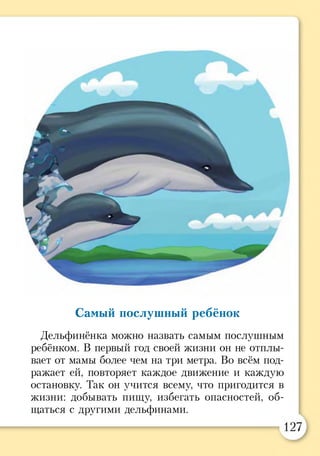 Самый послушный ребёнок
Дельфинёнка можно назвать самым послушным
ребёнком. В первый год своей жизни он не отплы­
вает от мамы более чем на три метра. Во всём под­
ражает ей, повторяет каждое движение и каждую
остановку. Так он учится всему, что пригодится в
жизни: добывать пищу, избегать опасностей, об­
щаться с другими дельфинами.
 