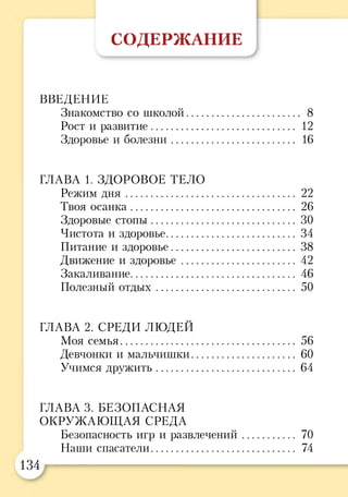 С О Д Е Р Ж А Н И Е
ВВЕДЕНИЕ
Знакомство со школой..................................... 8
Рост и развитие................................................. 12
Здоровье и болезни......................................... 16
ГЛАВА 1. ЗДОРОВОЕ ТЕЛО
Режим д н я ........................................................ 22
Твоя осанка....................................................... 26
Здоровые стопы................................................ 30
Чистота и здоровье........................................... 34
Питание и здоровье......................................... 38
Движение и здоровье..................................... 42
Закаливание....................................................... 46
Полезный отдых.............................................. 50
ГЛАВА 2. СРЕДИ ЛЮДЕЙ
Моя семья.......................................................... 56
Девчонки и мальчишки.................................. 60
Учимся дружить.............................................. 64
ГЛАВА 3. БЕЗОПАСНАЯ
ОКРУЖАЮЩАЯ СРЕДА
Безопасность игр и развлечений................. 70
Наши спасатели................................................. 74
134
 