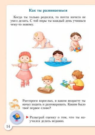 Как ты развиваешься
Когда ты только родился, то почти ничего не
умел делать. С той поры ты каждый день учишься
чему-то новому.
Расспроси взрослых, в каком возрасте ты
начал ходить и разговаривать. Каким было
твоё первое слово?
►Разыграй сценку о том, что ты на­
учился делать недавно.
14
 