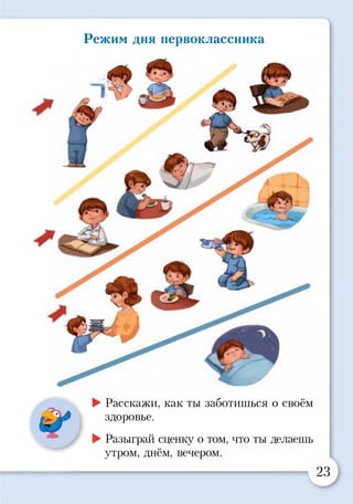 Режим дня первоклассника
►Расскажи, как ты заботишься о своём
здоровье.
►Разыграй сценку о том, что ты делаешь
утром, днём, вечером.
23
 