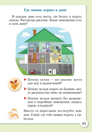 Где можно играть в доме
В каждом доме есть места, где бегать и играть
опасно. Рассмотри рисунок. Какие помещения есть
в этом доме?
►Почему кухня - это опасное место
для игр и развлечений?
►Почему нельзя играть на балконе, воз­
ле распахнутых окон, на подоконнике?
►Почему нельзя входить без разреше­
ния в подсобные помещения: подвал,
гараж, кладовую?
Вместе со взрослыми исследуйте ваш
дом. Узнай, где тебе можно играть, а где
нельзя.
 