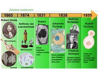 Zelularen aurkikuntza
1665
Robert Hooke
Mikroskopioa
Kortxoa
1674
Anthony van
Leeuwenhoek
Mikroskopioa
Animalikuluak
1831
Robert
Brown
Zelula
begetalen
nukleoa aurkitu
zuen
1838
Johannes
Purkinje
Zelula betetzen
duen likidoari
protoplasma
deitu zion
Zelulek osatzen
dituzte begetalak
zein animaliak
Matthias
Schleiden
Friedrich
Schwann
1855
Rudolf
Virchow
Zelula oro
aurretik
existitzen den
beste batetik
dator
 
