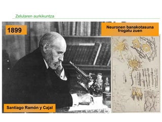 Zelularen aurkikuntza
1899
Neuronen banakotasuna
frogatu zuen
Santiago Ramón y Cajal
 