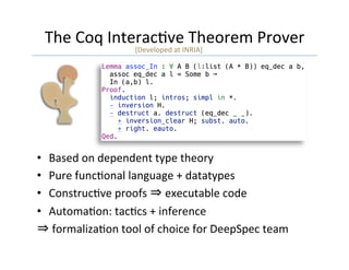 The	Coq	InteracGve	Theorem	Prover	
•  Based	on	dependent	type	theory	
•  Pure	funcGonal	language	+	datatypes	
•  ConstrucGve	proofs	⇒	executable	code	
•  AutomaGon:	tacGcs	+	inference	
⇒	formalizaGon	tool	of	choice	for	DeepSpec	team	
	
[Developed	at	INRIA]	
 