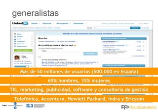 65% hombres, 35% mujeres TIC, márketing, publicidad, software y consultoría de gestión Más de 50 millones de usuarios (500.000 en España) Telefónica, Accenture, Hewlett Packard, Indra y Ericsson generalistas 