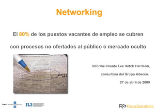 El  80%  de los puestos vacantes de empleo se cubren con procesos no ofertados al público o mercado oculto Informe Creade Lee Hetch Harrison, consultora del Grupo Adecco.  27 de abril de 2009 Networking 