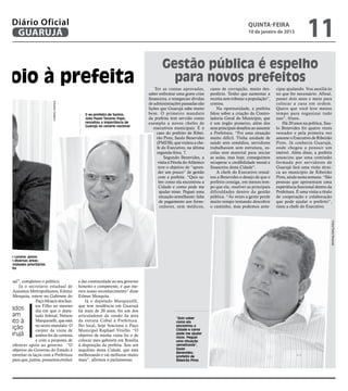 l
         Diário Oficial
          Diário Oficial
          GUARUJÁ
           GUARUJÁ
                                                                                                                                                   quinta-feira
                                                                                                                                                    QUINTA-FEIRA
                                                                                                                                                   10 de janeiro de 2013
                                                                                                                                                    10 de janeiro de 2013
                                                                                                                                                                                     11
                                                                                                                                                                                     11
                                                                                                Gestão pública é espelho
  poio à prefeita                                                                                 para novos prefeitos
                                                                                            Ter as contas aprovadas,         casos de corrupção, muito des-        cipar ajudando. Vou auxiliá-lo
                                                                                        saber enfrentar uma grave crise      perdício. Tenho que aumentar a        no que for necessário. Afinal,
                                                                                        financeira, e renegociar dívidas     receita sem tributar a população”,    passei dois anos e meio para
                                  Eduardo Caetano




                                                                                        de administrações passadas são       contou.                               colocar a casa em ordem.
                                                                                        lições que Guarujá sabe muito            Na oportunidade, a prefeita       Quero que você leve menos
                                                       O ex-prefeito de Santos,         bem. O primeiro mandato              falou sobre a criação da Contro-      tempo para organizar tudo
                                                       João Paulo Tavares Papa,         da prefeita tem servido como         ladoria Geral do Município, que       isso”, frisou.
                                                       ressaltou a importância de       exemplo a novos chefes de            é um órgão pioneiro, além dos             Há 20 anos na política, Sau-
                                                       Guarujá no cenário nacional
                                                                                           executivos municipais. É o        seus principais desafios ao assumir   lo Benevides foi quatro vezes
                                                                                             caso do prefeito de Ribei-      a Prefeitura. “Foi uma situação       vereador e pela primeira vez
                                                                                             rão Pires, Saulo Benevides      muito difícil. Tinha unidade de       assume o Executivo de Ribeirão
                                                                                             (PMDB), que visitou a che-      saúde sem remédios, servidores        Pires. Já conhecia Guarujá,
                                                                                             fe do Executivo, na última      trabalhavam sem estrutura, es-        onde chegou a possuir um
                                                                                             segunda-feira, 7.               colas sem material para iniciar       imóvel. Além disso, a prefeita
                                                                                                  Segundo Benevides, a       as aulas, mas hoje, conseguimos       anunciou que uma comissão
                                                                                              visita à Pérola do Atlântico   recuperar a credibilidade moral e     formada por servidores de
                                                                                              teve o objetivo de “apren-     financeira desta Cidade”.             Guarujá fará uma visita técni-
                                                                                              der um pouco” de gestão            A chefe do Executivo ressal-      ca ao município de Ribeirão
                                                                                              com a prefeita. “Quis sa-      tou a Benevides o desejo de que o     Pires, ainda nesta semana. “São
                                                                                              ber como ela encontrou a       prefeito consiga, em menos tem-       pessoas que apresentam uma
                                                                                              Cidade e como pode me          po que ela, resolver as principais    experiência funcional dentro da
                                                                                               ajudar nisso. Peguei uma      dificuldades dentro da gestão         Prefeitura. É uma visita a título
                                                                                               situação semelhante: falta    pública. “Às vezes a gente perde      de cooperação e colaboração
                                                                                               de pagamento aos forne-       muito tempo tentando descobrir        que pode ajudar o prefeito”,
                                                                                               cedores, sem médicos,         o caminho, mas podemos ante-          risou a chefe do Executivo.




                                                                                                                                                                                                   Fotos Pedro Rezende
  berto de Lucena: posso
  ndas em diversas áreas;
   as necessidades prioritárias
  la prefeita


 uma   sal”, completou o político.                  e dar continuidade ao seu governo
  ário     Já o secretário estadual de              honesto e competente, e que me-
 ação  Assuntos Metropolitanos, Edmur               rece nosso reconhecimento” disse
  a de Mesquita, esteve no Gabinete do              Edmur Mesquita.
                    Paço Moacir dos San-                Já o deputado Marquezelli,
                    tos Filho no mesmo              que tem residência em Guarujá
 eputados           dia em que o depu-              há mais de 20 anos, foi um dos
 colocam            tado federal, Nelson            articuladores da cessão da área
                                                                                                        “Quis saber
mandato à           Marquezelli, que está           da extinta Cobal à Prefeitura.                      como ela
                    no sexto mandato. O             No local, hoje funciona o Paço
 isposição          caráter da visita de            Municipal Raphael Vitiello. “O
                                                                                                        encontrou a
                                                                                                        Cidade e como
 e Guarujá          ambos foi de cortesia           objetivo de minha visita foi o de                   pode me ajudar
                                                                                                        nisso. Peguei
                    e com a proposta de             colocar meu gabinete em Brasília                    uma situação
  pio, oferecer apoio ao governo. “O                à disposição da prefeita. Sou um                    semelhante”,
 esti- objetivo do Governo do Estado é              inquilino desta Cidade, que está                    Saulo
                                                                                                        Benevides,
 mas estreitar os laços com a Prefeitura            melhorando e vai melhorar muito                     prefeito de
 pré- para que, juntos, possamos evoluir            mais”, afirmou o parlamentar.                       Ribeirão Pires
 