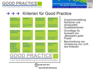 Kriterien für Good Practice Zusammenstellung fachlicher und struktureller Qualitätskriterien Grundlage für Auswahl von „Beispielen guter Praxis“ Beschreibung von Umsetzung von i.d.R. drei Kriterien        