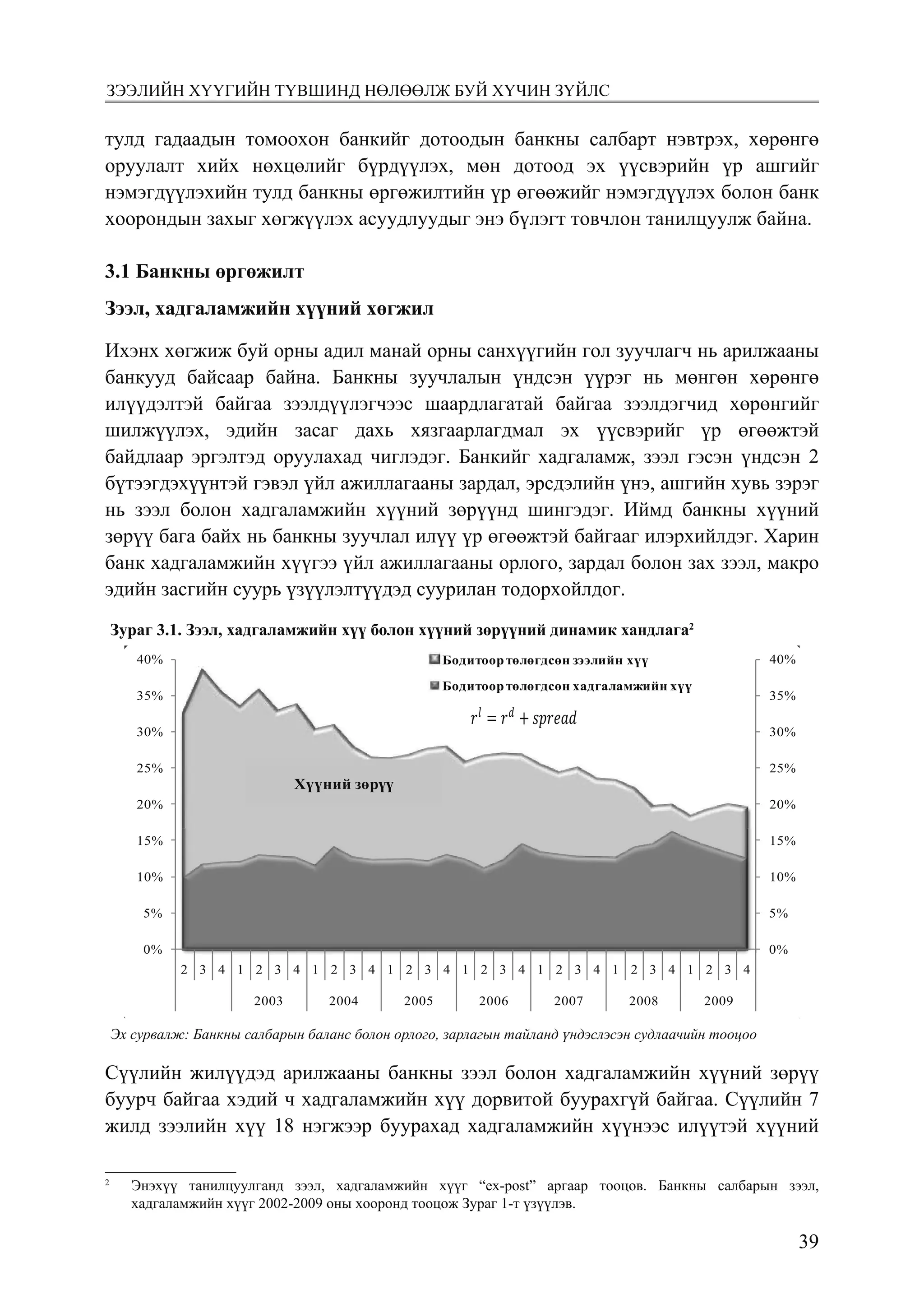 3946
Монголбанк Судалгааны ажил “Товхимол-10”
тулд гадаадын томоохон банкийг дотоодын банкны салбарт нэвтрэх, хөрөнгө
оруулалт хийх нөхцөлийг бүрдүүлэх, мөн дотоод эх үүсвэрийн үр ашгийг
нэмэгдүүлэхийн тулд банкны өргөжилтийн үр өгөөжийг нэмэгдүүлэх болон банк
хоорондын захыг хөгжүүлэх асуудлуудыг энэ бүлэгт товчлон танилцуулж байна.
3.1 Банкны өргөжилт
Зээл, хадгаламжийн хүүний хөгжил
Ихэнх хөгжиж буй орны адил манай орны санхүүгийн гол зуучлагч нь арилжааны
банкууд байсаар байна. Банкны зуучлалын үндсэн үүрэг нь мөнгөн хөрөнгө
илүүдэлтэй байгаа зээлдүүлэгчээс шаардлагатай байгаа зээлдэгчид хөрөнгийг
шилжүүлэх, эдийн засаг дахь хязгаарлагдмал эх үүсвэрийг үр өгөөжтэй
байдлаар эргэлтэд оруулахад чиглэдэг. Банкийг хадгаламж, зээл гэсэн үндсэн 2
бүтээгдэхүүнтэй гэвэл үйл ажиллагааны зардал, эрсдэлийн үнэ, ашгийн хувь зэрэг
нь зээл болон хадгаламжийн хүүний зөрүүнд шингэдэг. Иймд банкны хүүний
зөрүү бага байх нь банкны зуучлал илүү үр өгөөжтэй байгааг илэрхийлдэг. Харин
банк хадгаламжийн хүүгээ үйл ажиллагааны орлого, зардал болон зах зээл, макро
эдийн засгийн суурь үзүүлэлтүүдэд суурилан тодорхойлдог.2
Зураг 3.1. Зээл, хадгаламжийн хүү болон хүүний зөрүүний динамик хандлага2
Эх сурвалж: Банкны салбарын баланс болон орлого, зарлагын тайланд үндэслэсэн судлаачийн тооцоо
Бодитоор төлөгдсөн зээлийн хүү сүүлийн 7 жилийн хугацаанд 2 дахин буурсан боловч
2008 оны эцэст 18.2 хувь байсан бол 2009 эцэст 19.4 хувь болсон байна. Энэхүү зээлийн
хүүний сүүлийн 2 жилийн өсөлтөд дэлхийн санхүү, эдийн засгийн хямралын нөлөөгөөр
зах зээлийн болон зээлийн эрсдэл өссөн нь голлон нөлөөллөө (Зураг 3.2).
Зураг 3.2. Зээлийн хүү болон чанаргүй зээлийн нийт зээлд эзлэх хувь
0%
5%
10%
15%
20%
25%
30%
35%
40%
0%
5%
10%
15%
20%
25%
30%
35%
40%
2 3 4 1 2 3 4 1 2 3 4 1 2 3 4 1 2 3 4 1 2 3 4 1 2 3 4 1 2 3 4
2003 2004 2005 2006 2007 2008 2009
Бодитоортөлөгдсөн зээлийн хүү
Бодитоортөлөгдсөн хадгаламжийн хүү
Хүүний зөрүү
𝑟𝑟𝑟𝑟𝑙𝑙𝑙𝑙
� 𝑟𝑟𝑟𝑟𝑑𝑑𝑑𝑑
� 𝑠𝑠𝑠𝑠𝑝𝑝𝑝𝑝𝑟𝑟𝑟𝑟𝑒𝑒𝑒𝑒𝑎𝑎𝑎𝑎𝑑𝑑𝑑𝑑
35%
40%
35%
40% Чанаргүй зээлийн хувь
Бодитоортөлөгдсөн зээлийн хүү
Эх ñурвалж: Баíкíы ñалбарыí балаíñ болоí орлоãо, зарлаãыí òайлаíä ¿íäýñлýñýí ñуäлаачийí òооцоо
Cүүлийн жилүүдэд арилжааны банкны зээл болон хадгаламжийн хүүний зөрүү
буурч байгаа хэдий ч хадгаламжийн хүү дорвитой буурахгүй байгаа. Сүүлийн 7
жилд зээлийн хүү 18 нэгжээр буурахад хадгаламжийн хүүнээс илүүтэй хүүний
2
Энэхүү танилцуулганд зээл, хадгаламжийн хүүг “ex-post” аргаар тооцов. Банкны салбарын зээл,
хадгаламжийн хүүг 2002-2009 оны хооронд тооцож Зураг 1-т үзүүлэв.
Зээлийн ÕүүГийн түвшинд нөлөөлж Буй Õүчин Зүйлс
 