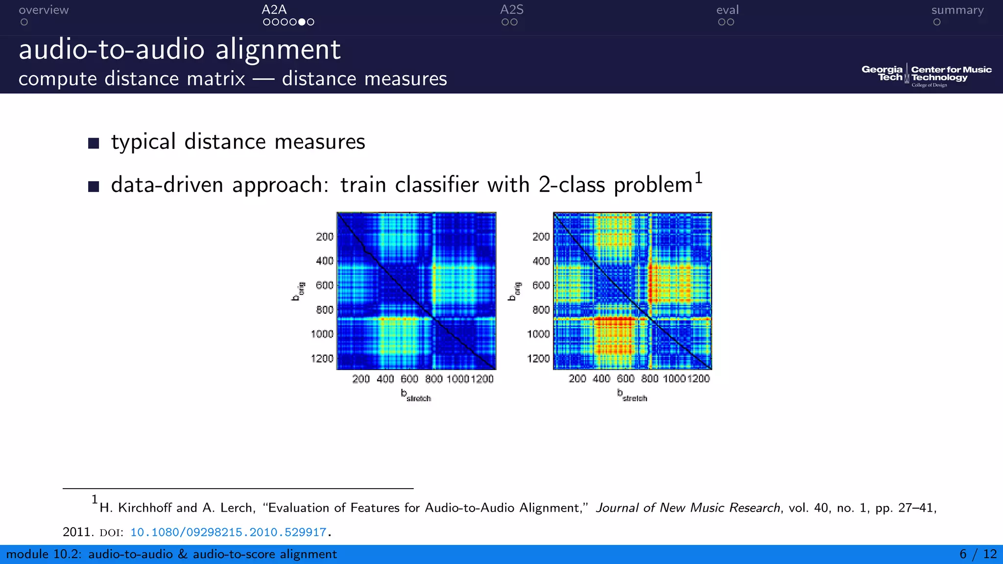 overview A2A A2S eval summary
audio-to-audio alignment
compute distance matrix — distance measures
typical distance measures
data-driven approach: train classifier with 2-class problem1
1
H. Kirchhoff and A. Lerch, “Evaluation of Features for Audio-to-Audio Alignment,” Journal of New Music Research, vol. 40, no. 1, pp. 27–41,
2011. doi: 10.1080/09298215.2010.529917.
module 10.2: audio-to-audio  audio-to-score alignment 6 / 12
 