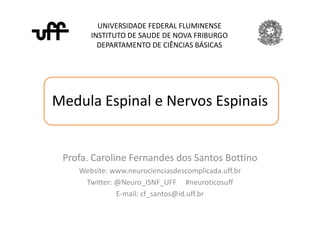 Medula Espinal e Nervos Espinais
UNIVERSIDADE FEDERAL FLUMINENSE
INSTITUTO DE SAUDE DE NOVA FRIBURGO
DEPARTAMENTO DE CIÊNCIAS BÁSICAS
Profa. Caroline Fernandes dos Santos Bottino
Website: www.neurocienciasdescomplicada.uff.br
Twitter: @Neuro_ISNF_UFF #neuroticosuff
E-mail: cf_santos@id.uff.br
 