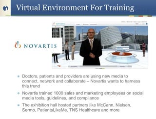 Virtual Environment For Training




 Doctors, patients and providers are using new media to
 connect, network and collaborate – Novartis wants to harness
 this trend
 Novartis trained 1000 sales and marketing employees on social
 media tools, guidelines, and compliance
 The exhibition hall hosted partners like McCann, Nielsen,
 Sermo, PatientsLikeMe, TNS Healthcare and more
 