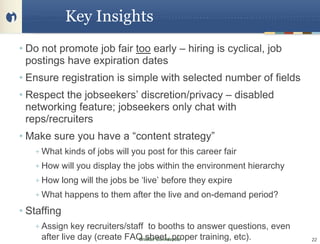 Key Insights
• Do not promote job fair too early – hiring is cyclical, job
  postings have expiration dates
• Ensure registration is simple with selected number of fields
• Respect the jobseekers’ discretion/privacy – disabled
  networking feature; jobseekers only chat with
  reps/recruiters
• Make sure you have a “content strategy”
   + What kinds of jobs will you post for this career fair
   + How will you display the jobs within the environment hierarchy
   + How long will the jobs be ‘live’ before they expire
   + What happens to them after the live and on-demand period?

• Staffing
   + Assign key recruiters/staff to booths to answer questions, even
     after live day (create FAQ sheet, proper training, etc).
                              Unisfair Confidential                    22
 