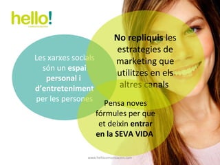 www.hellocomunicacion.com Les xarxes socials són un  espai personal i  d’entreteniment  per les persones No repliquis  les estrategies de marketing que utilitzes en els altres canals  Pensa noves fórmules per que et deixin  entrar en la SEVA VIDA  