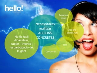 www.hellocomunicacion.com Concursos Jocs Accions presencials Entreteniment Necessitaras realitzar ACCIONS CONCRETES No és facil dinamitzar, captar  l’interès i la participació de la gent 