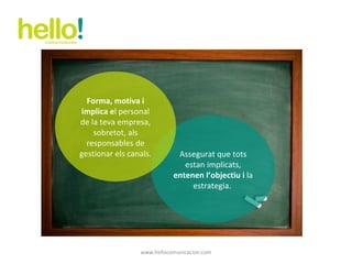 www.hellocomunicacion.com Assegurat que tots estan implicats,  entenen l’objectiu i  la estrategia.  Forma, motiva i implica e l personal de la teva empresa, sobretot, als responsables de gestionar els canals. 