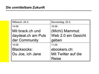 Die unmittelbare Zukunft Mittwoch, 24.3. Donnerstag, 25.3. 14:00 Mit brack.ch und daydeal.ch am Puls der Community 10.00 (Michi) Mammut:  Web 2.0 ein Gesicht geben 15:00 Blacksocks:  Du Joe, ich Jane 11.00 ebookers.ch:  Mit Twitter auf die Reise 