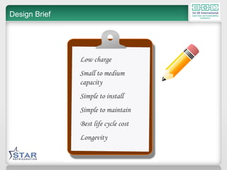 Design Brief Low charge Small to medium capacity Simple to install Simple to maintain Best life cycle cost Longevity 