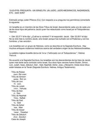 10-03-PYR- PREGUNTA - UN ISRAELITA, UN JUDÍO, JUDÍO-MESIÁNICOS, NAZARENOS,
ETC , QUE SON?
Estimado amigo Julián Piñeros (C...