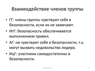 Взаимодействие членов группы ГГ: члены группы чувствуют себя в безопасности, если их не замечают. ИтГ: безопасность обеспечивается выполнением правил. АГ: не чувствуют себя в безопасности, т.к. могут вызвать недовольство лидера. ИцГ: участники самодостаточны в безопасности. Данилова Е.В. 
