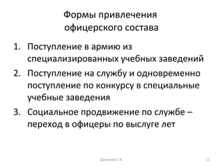 Формы привлечения  офицерского состава Поступление в армию из специализированных учебных заведений Поступление на службу и одновременно поступление по конкурсу в специальные учебные заведения Социальное продвижение по службе – переход в офицеры по выслуге лет Данилова Е.В. 