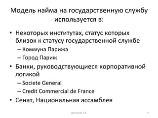 Модель найма на государственную службу используется в: Некоторых институтах, статус которых близок к статусу государственной службе Коммуна Парижа Город Париж Банки, руководствующиеся корпоративной логикой Societe General Credit Commercial de France Сенат, Национальная ассамблея Данилова Е.В. 